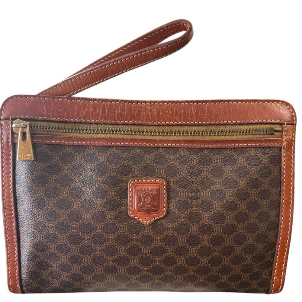 Vintage Celine Triomphe Macadam Canvas Leather Wristlet Clutch Made in Italy